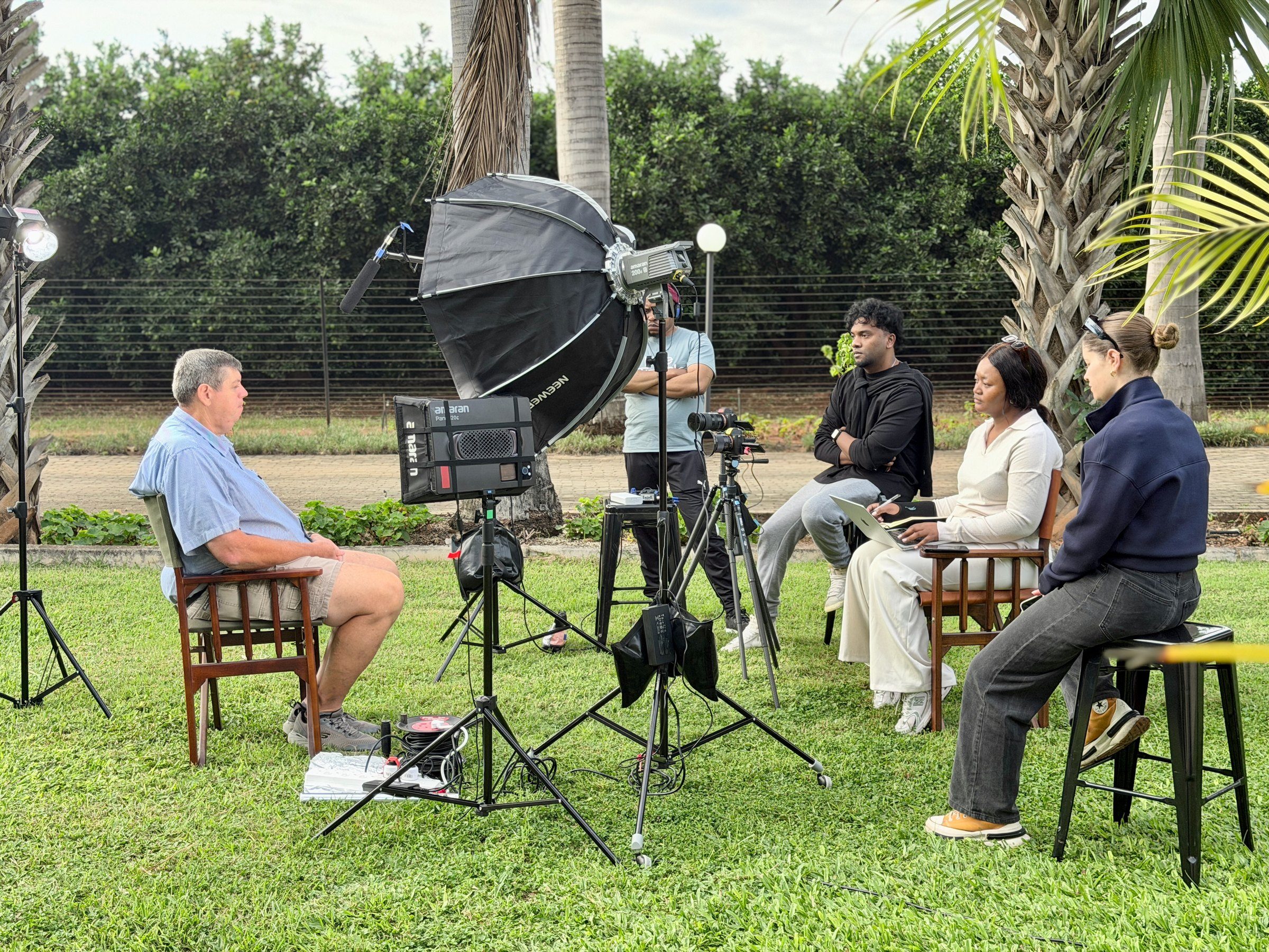 An outdoor interview set up on the lawn