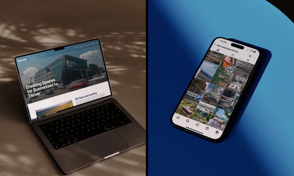 The Barrow Group website and Instagram feed on a laptop and phone