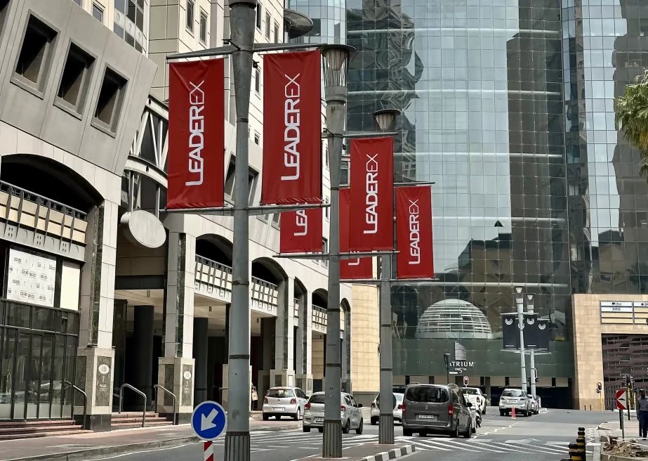 LeaderEx banners on lamp posts outside the venue in Sandton