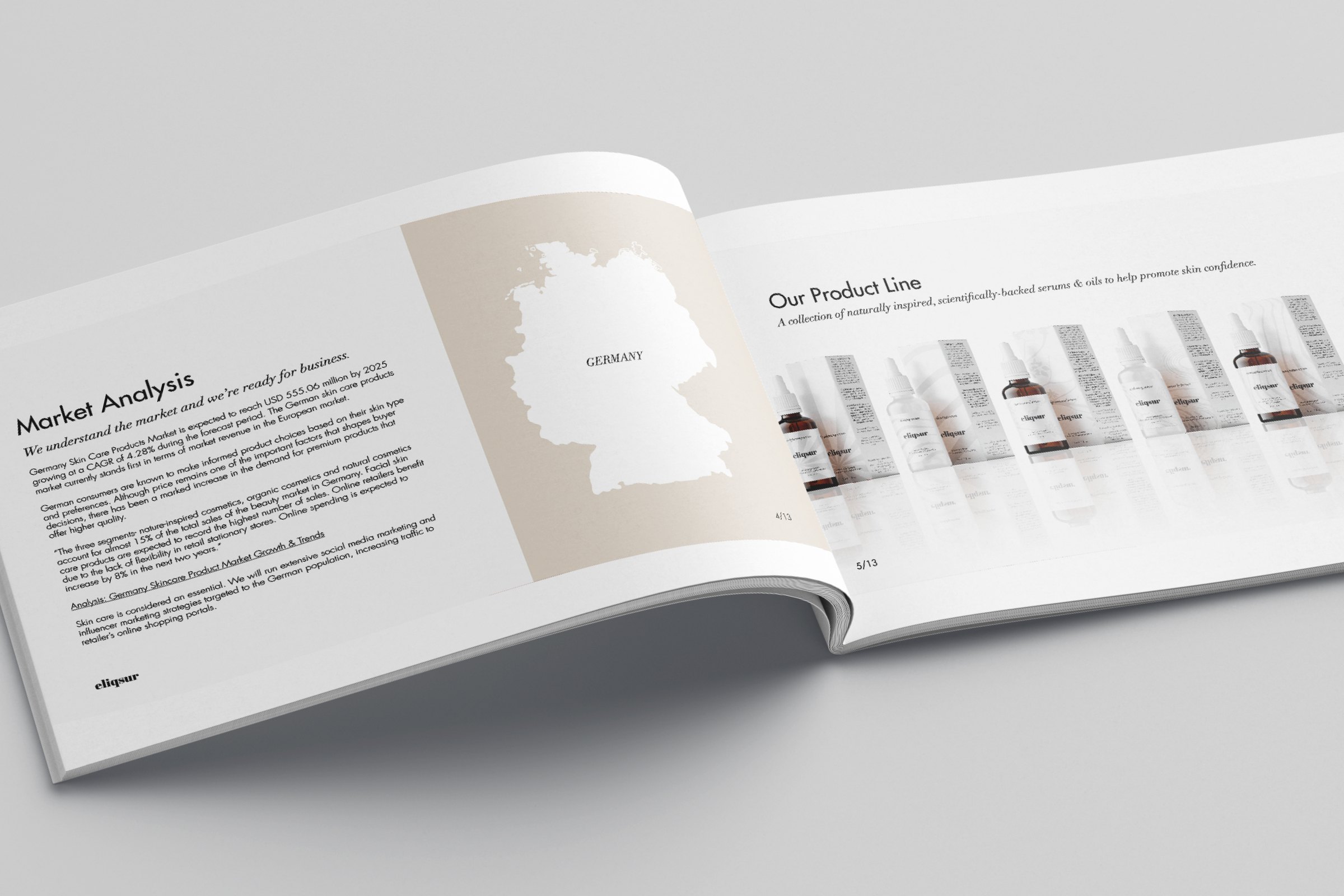 A brand book open on the market analysis spread