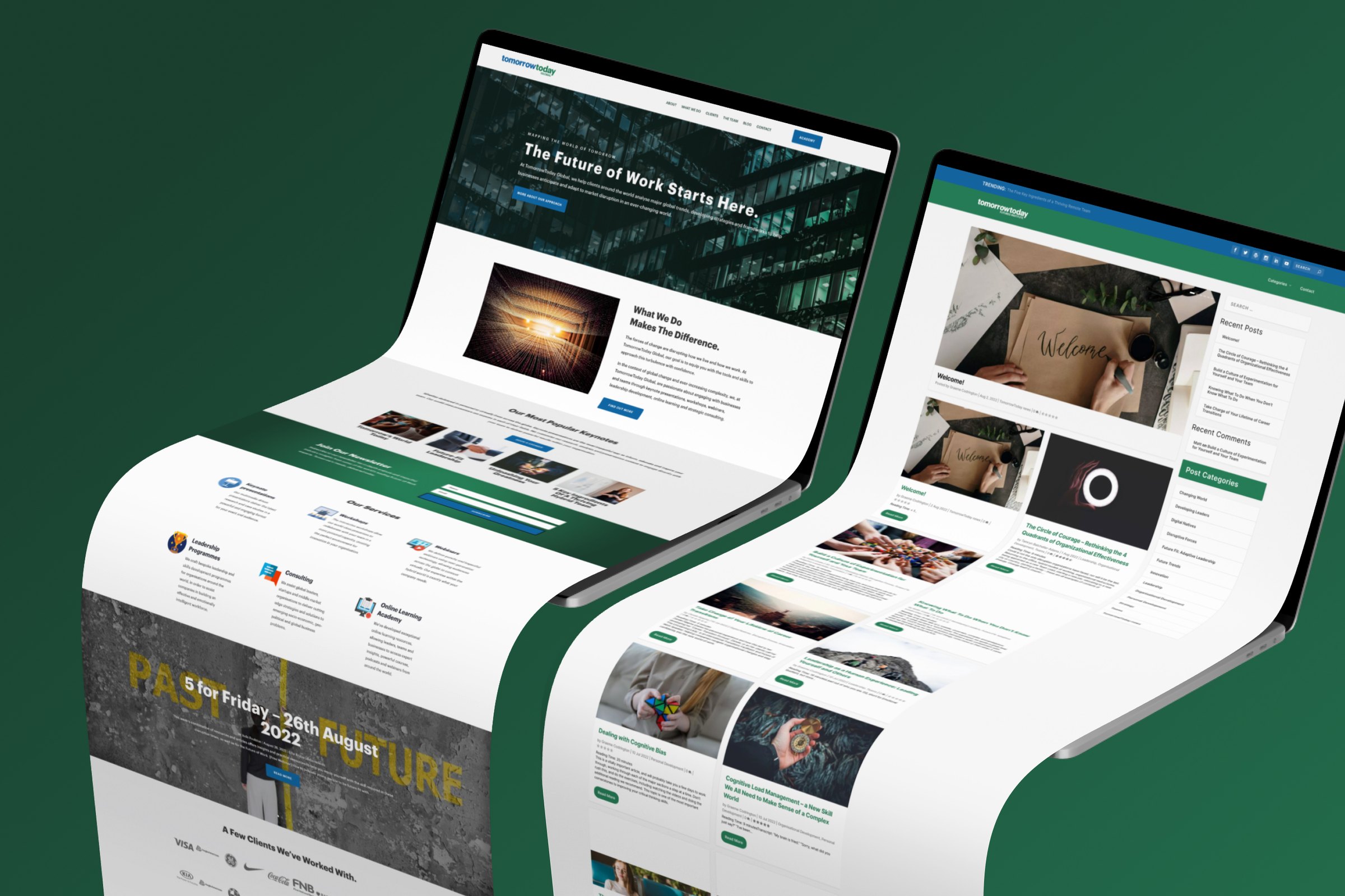 Website mockups fanned out on green