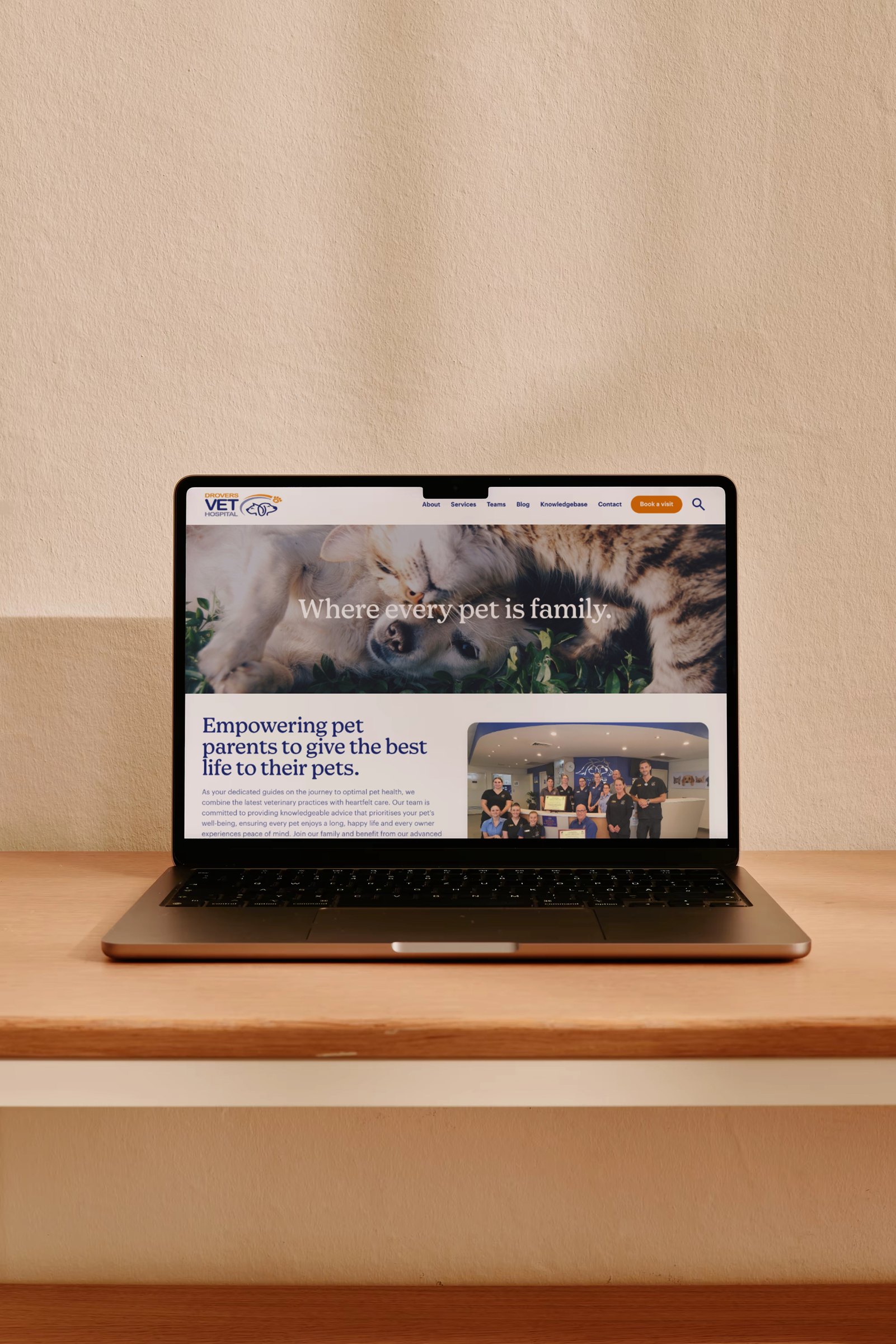 Drovers Vet on a laptop, peach backdrop