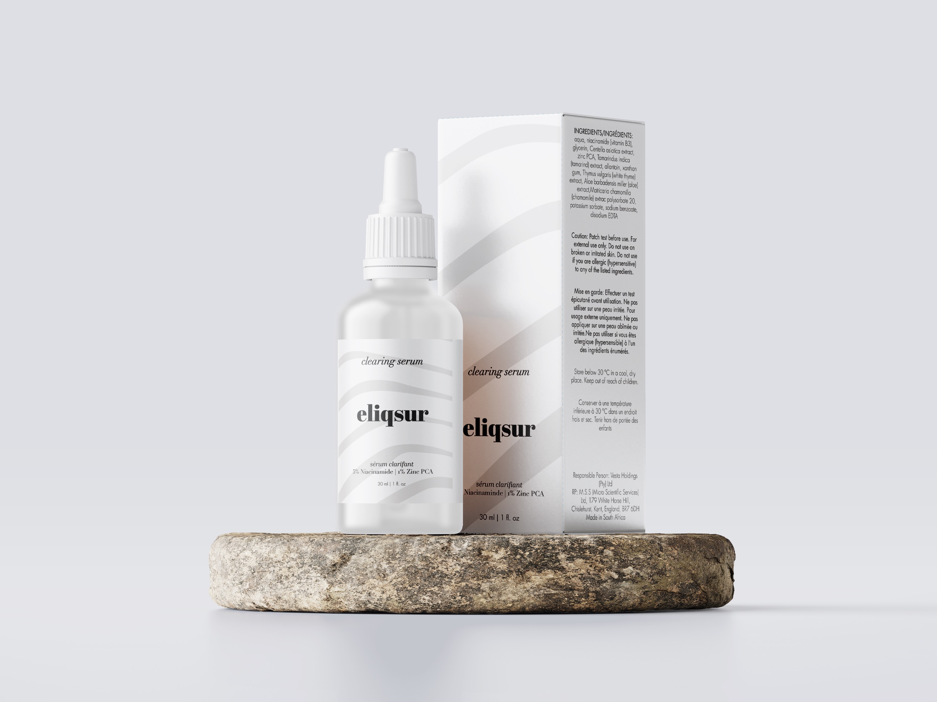 The Eliqsur skincare packaging: a 30ml serum bottle and box