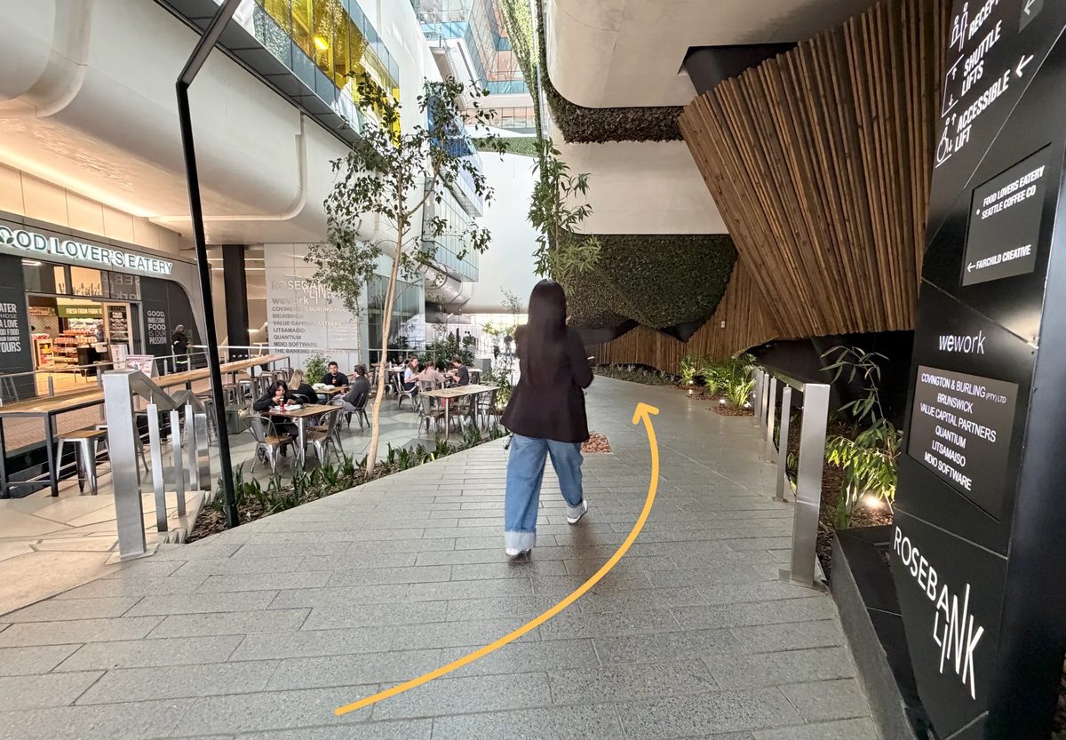 The Rosebank Link walkway leading towards the WeWork entrance